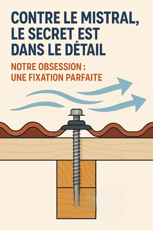 point de fixation d'un panneau de toiture sur une charpente Illustration fixation résistante au vent Mistral.